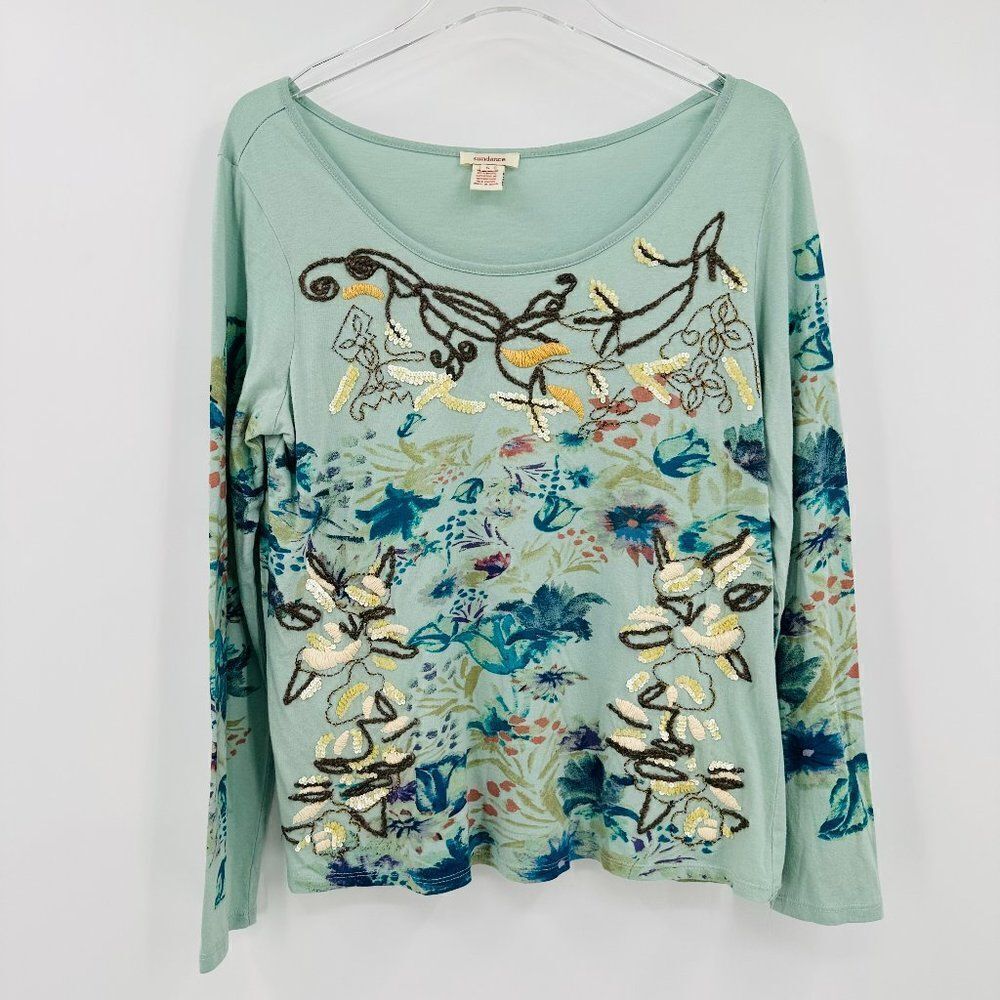 Sundance Light Teal Floral Embellished Long-Sleeve Tee